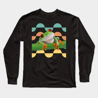 Cute Tree Frog Colorful Semi Circle Pattern Background Long Sleeve T-Shirt